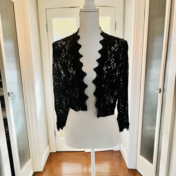 Open Front Lace Black Caplet by Patrick Christopher. Scallop Front Detail. - Picture 1 of 4